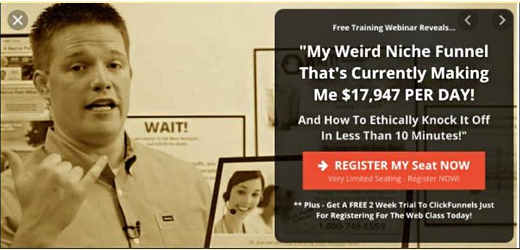 A person in an office setting gestures beside a promotional sign about a free training webinar for a niche funnel earning $17,947 per day, offering limited seating and additional bonuses for registration.