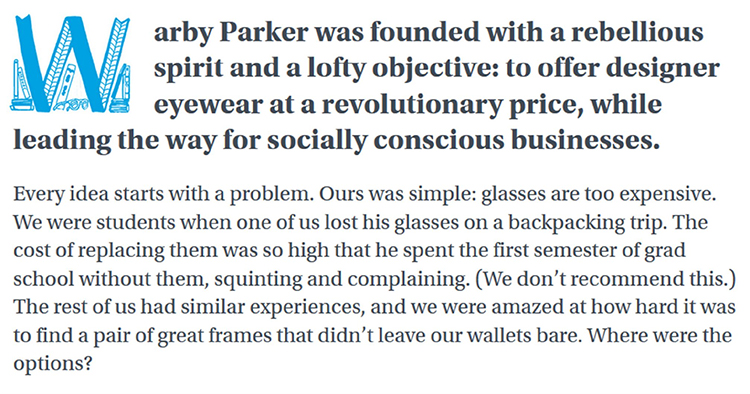 Example of story-telling copy from Warby Parker's Website