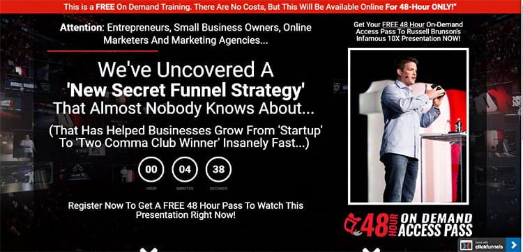 Advertisement for a free 48-hour access pass to an on-demand presentation titled 'New Secret Funnel Strategy'. Countdown timer shows 4 seconds remaining. A person is standing next to a display screen.