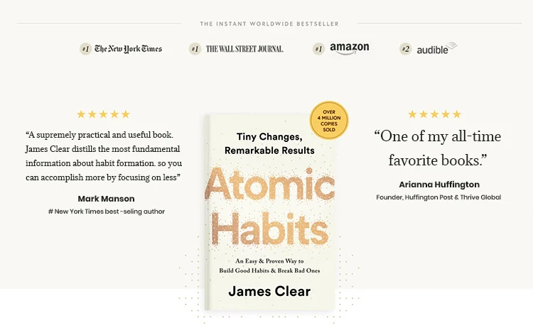 Atomic Habits book highlight as an Instant Worldwide Bestseller. 