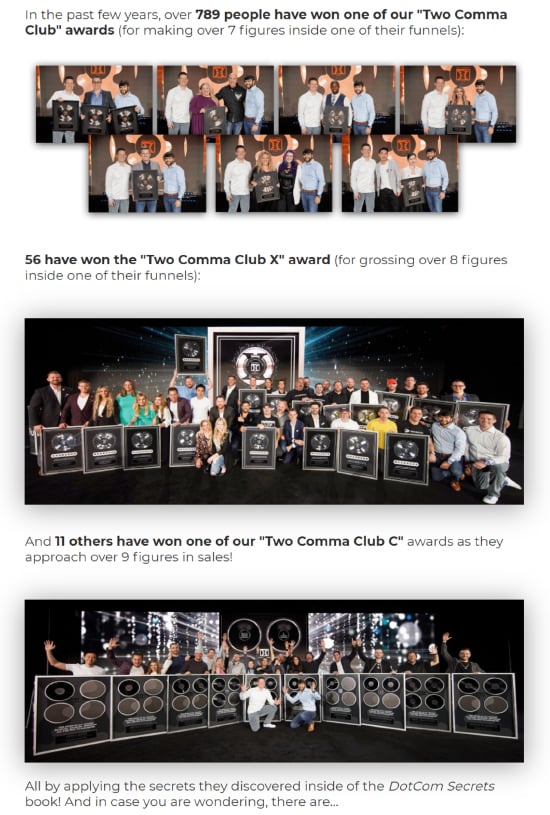 Long-Form Landing Page, ClickFunnels two comma club award pictorial.  