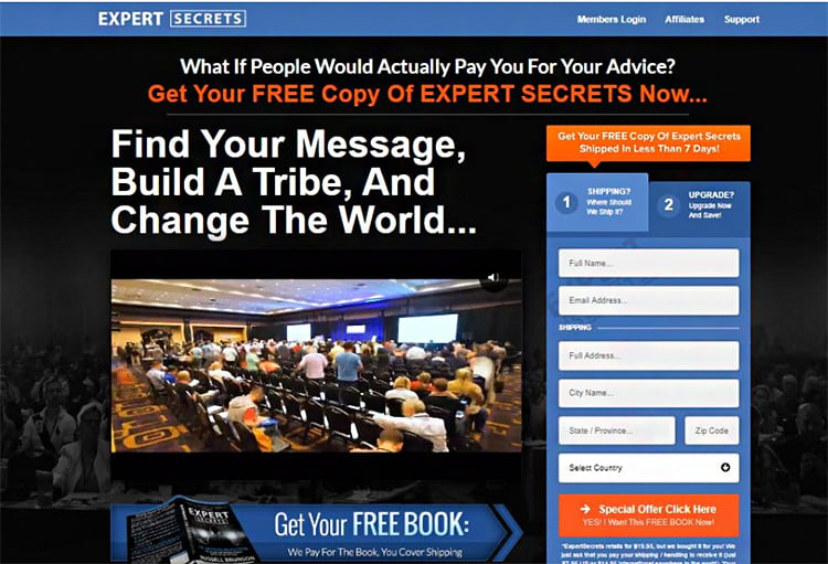 An online advertisement for a book titled "Expert Secrets." The webpage includes a form for shipping details and a promotional banner offering a free copy of the book with a quote about building a tribe and changing the world.