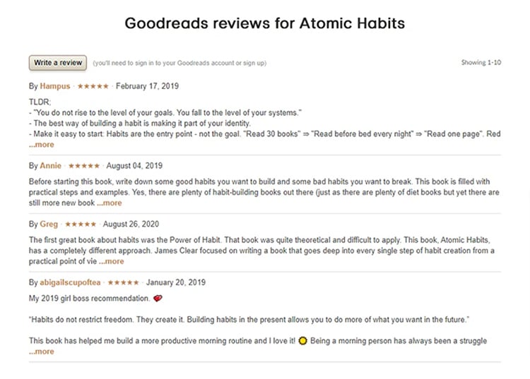 Atomic Habits book highlight as an Instant Worldwide Bestseller, Goodreads reviews. 