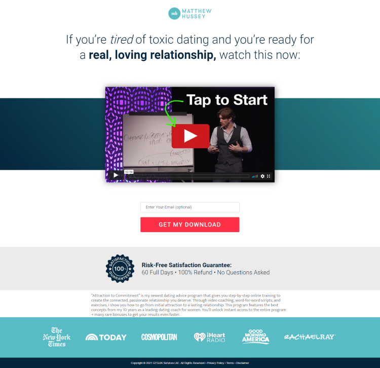 Video Landing Pages, Matthew Hussey sales page