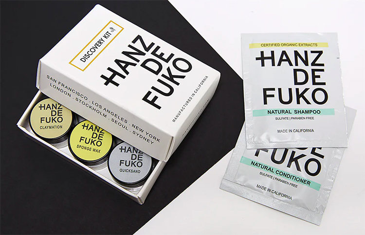 Hanz De Fuko, a men's styling brand, sends samples of new or untried products with every order. Discovery kit example. 