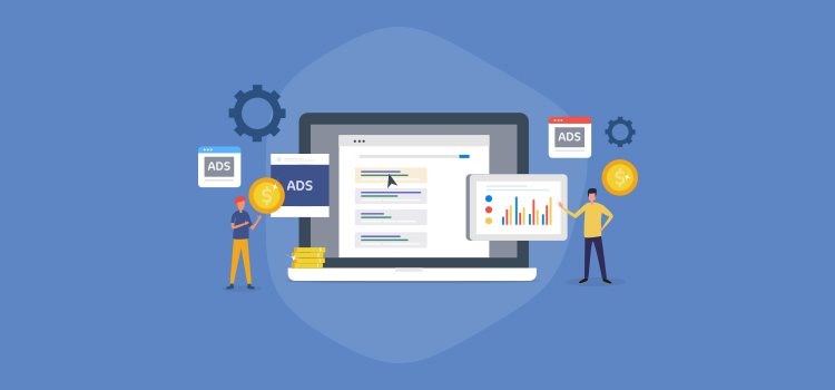 Illustration of a laptop showing graphs and data charts, surrounded by figures engaging with advertisements and currency symbols, set against a blue background.