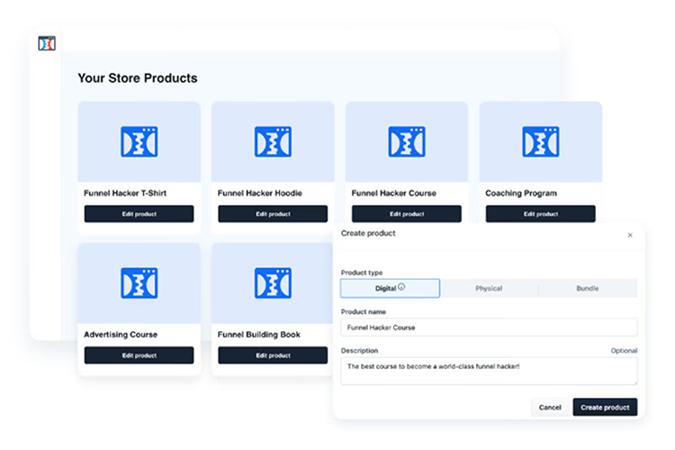 Your Store Products dashboard showing various digital products such as "Funnel Hacker T-Shirt," "Funnel Hacker Hoodie," and more. A pop-up shows options for adding a new digital product named "Funnel Hacker Course.