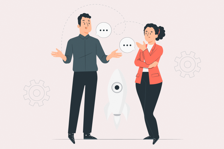 Illustration of a man and a woman engaged in a conversation, with speech bubbles indicating dialogue. A rocket and gear icons are in the background, representing innovation and teamwork.