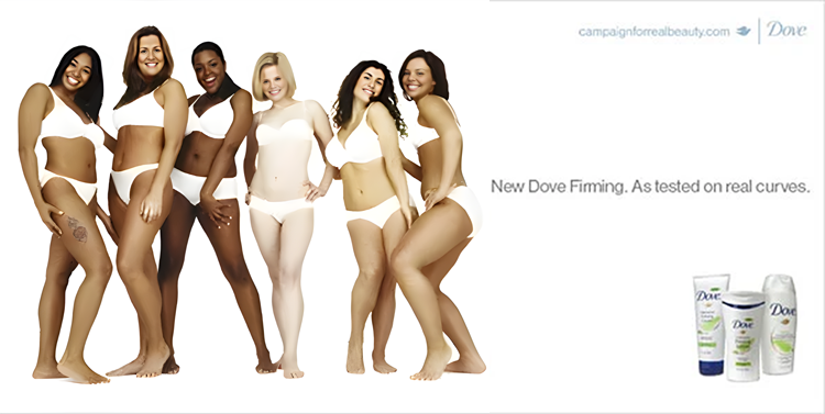 Five women in white underwear smile and pose together. The ad promotes Dove Firming products with the tagline: "New Dove Firming. As tested on real curves." The Dove logo is in the upper right corner.