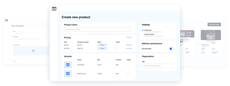 Screenshot of a product creation interface, showing fields for product name, pricing, variants, visibility, and organization details.