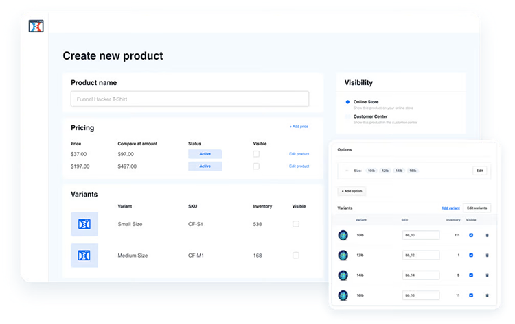 Screenshot of a product creation page showing fields for product name, pricing, variants, visibility, and options with input boxes and dropdown menus.