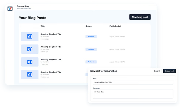 Dashboard interface displaying a list of blog posts with titles, status, and publication dates. A sidebar shows a form for creating a new blog post with fields for title, summary, and author.