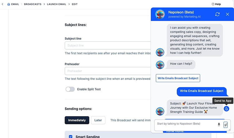 A computer screen showing an email composition interface with a chatbot named Napoleon (Beta) on the right. The chatbot offers writing assistance, including email subject lines and broadcast suggestions.