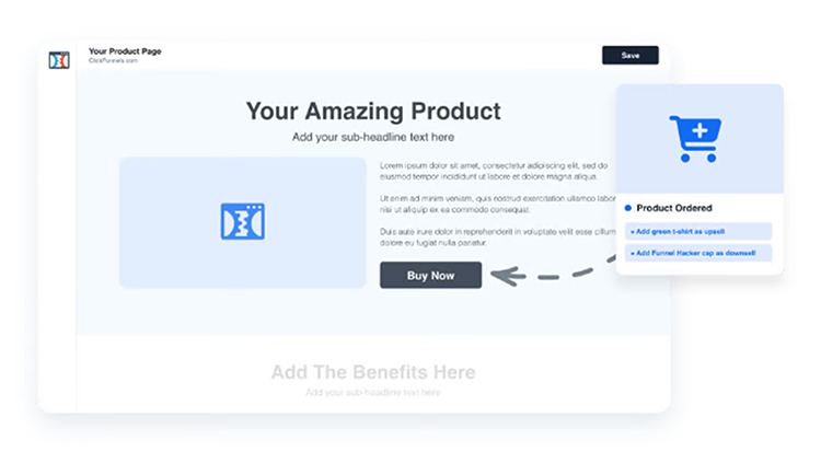 A mockup of a product page with a "Buy Now" button, sub-headline text, and a shopping cart icon indicating a product has been ordered.