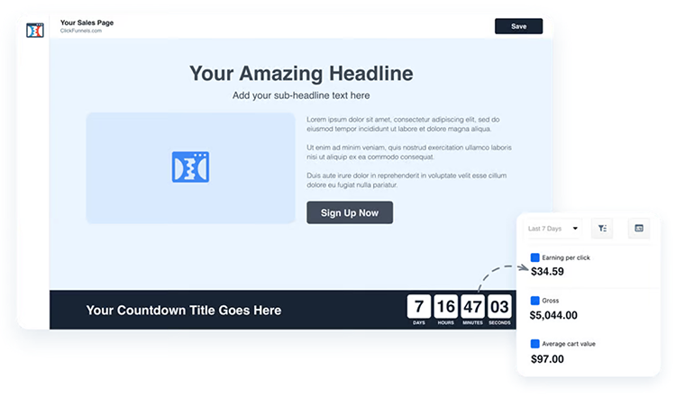 Webpage design template featuring a headline, sub-header text area, sign-up button, countdown timer, and a data overlay showing earnings per click, gross earnings, and cart value.