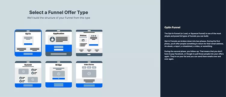 Image showing a selection menu for funnel offer types. Options include: Opt-in, Application, Webinar, Summit, Bridge, and Video Series. Also contains descriptive text about the Opt-in Funnel.