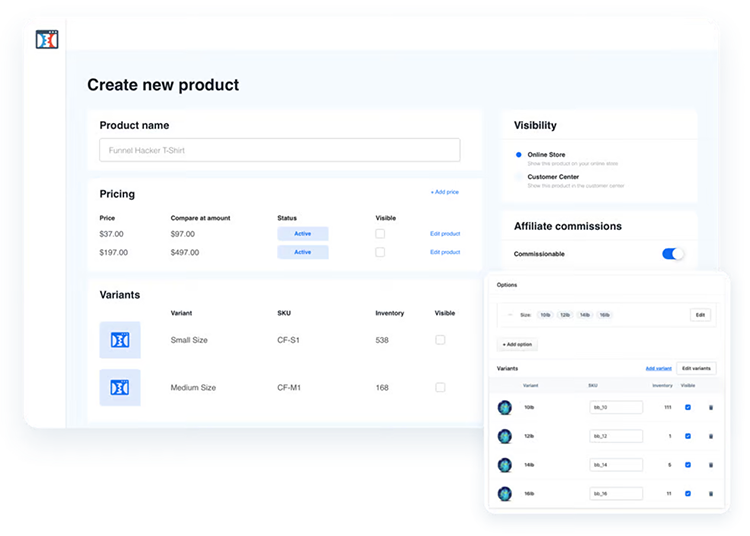 Screenshot of a product creation interface showing fields for product name, pricing, variants, visibility, and affiliate commissions. There are sections for adding options and managing visibility.