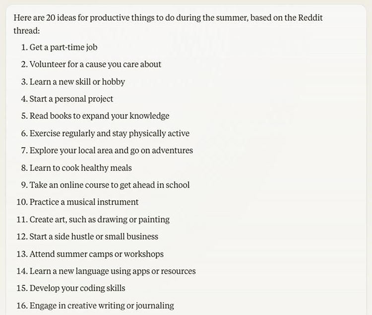 List of 20 productive summer activities, including learning new skills, volunteering, exercising, starting projects, reading, cooking healthy meals, practicing arts, and engaging in creative writing.