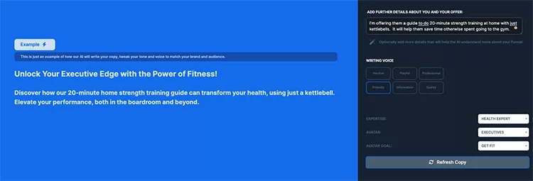 A webpage displaying a guide titled "Unlock Your Executive Edge with the Power of Fitness!" featuring a description of a 20-minute home strength training guide using a kettlebell.