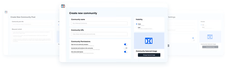 Screenshot of a webpage interface for creating a new online community, showing fields for community name, URL, and permissions, with visibility and featured image settings visible.