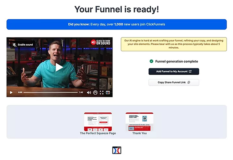 Screenshot of a web page showing a video about ClickFunnels. There's a highlighted message saying "Your Funnel is ready!" and a button to view the funnel. Below are thumbnails of funnel page examples.