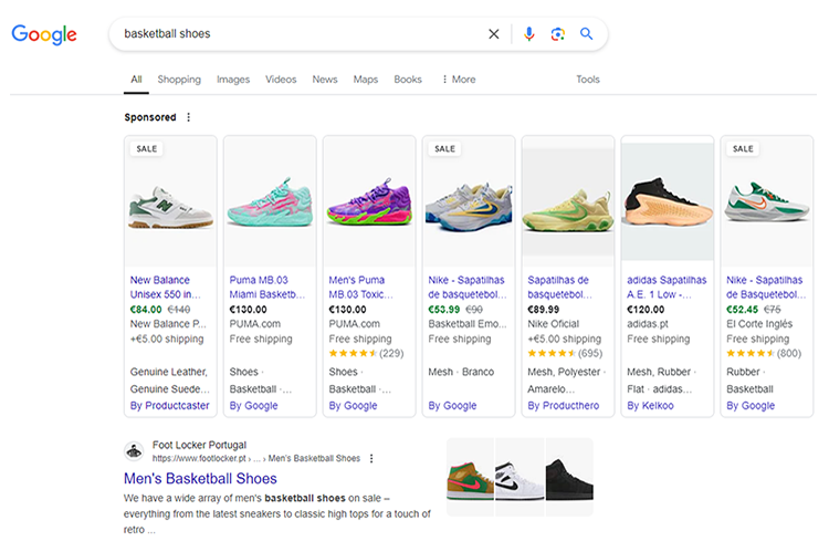 Screenshot of a Google search for "basketball shoes" showing sponsored product listings with images and prices, and a search result from Foot Locker Portugal offering men's basketball shoes.