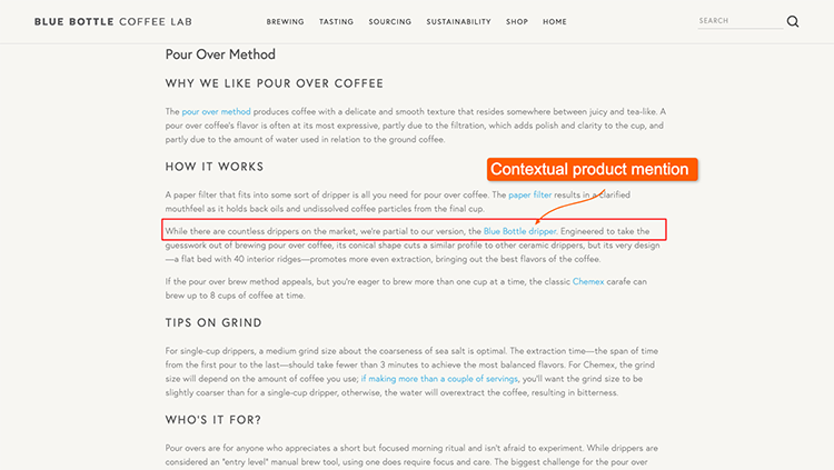 A webpage for Blue Bottle Coffee Lab explaining their pour-over method, detailing its benefits, process, and tips on brewing. A contextual product mention highlights the Blue Bottle dripper.