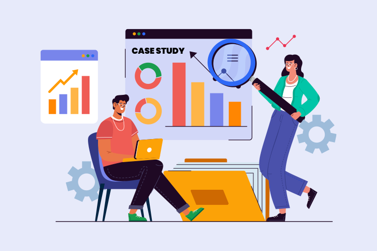 Two people analyzing charts and graphs on a screen labeled "Case Study." One person sits with a laptop, while the other stands pointing at a board with colorful data visualizations.