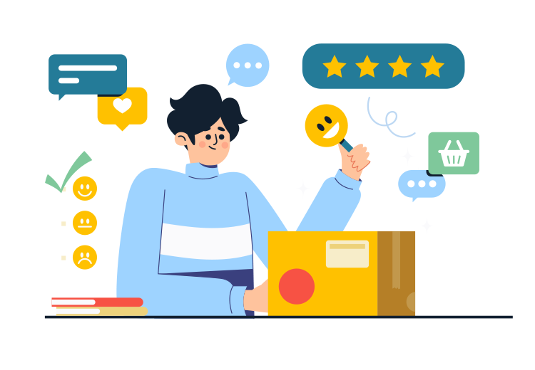 Illustration of a person sitting at a desk, holding a smiley face sign. Surrounding them are emojis, rating stars, chat bubbles, a shopping cart icon, and a package on the desk.