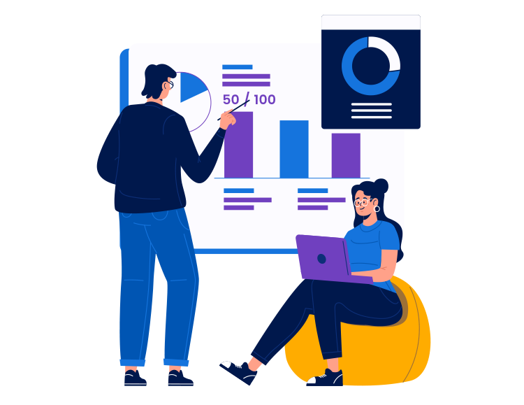 Two people analyze data on a large screen. One person is standing and pointing at the screen. The other person is seated with a laptop on their lap. Bar and pie charts are displayed on the screen.