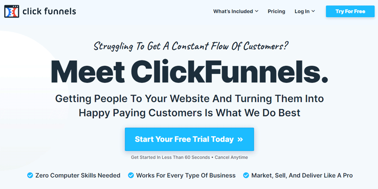 ClickFunnels promotional webpage highlighting features such as ease of use, suitability for various businesses, and promise to convert website visitors into paying customers, with a call-to-action button for a free trial.