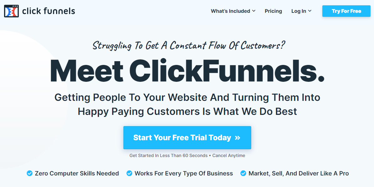 Screenshot of a ClickFunnels advertisement with a banner text reading: "Struggling To Get A Constant Flow Of Customers? Meet ClickFunnels." Features include no computer skills needed and a free trial offer.