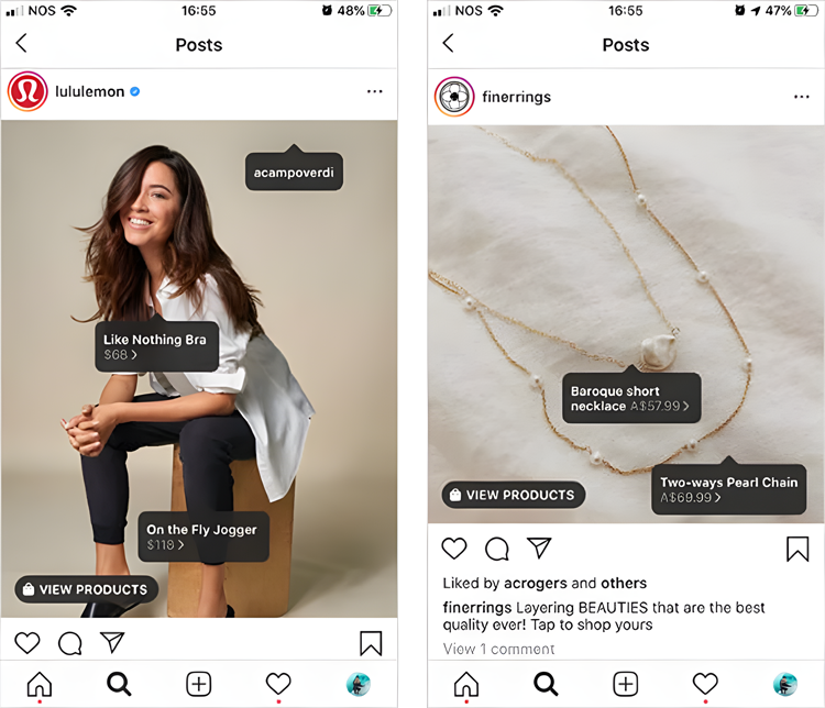 Two Instagram posts. Left: Woman in a white top and dark pants sitting on a cube, promoting Lululemon clothing. Right: Display of jewelry including a Baroque short necklace and a two-ways pearl chain.