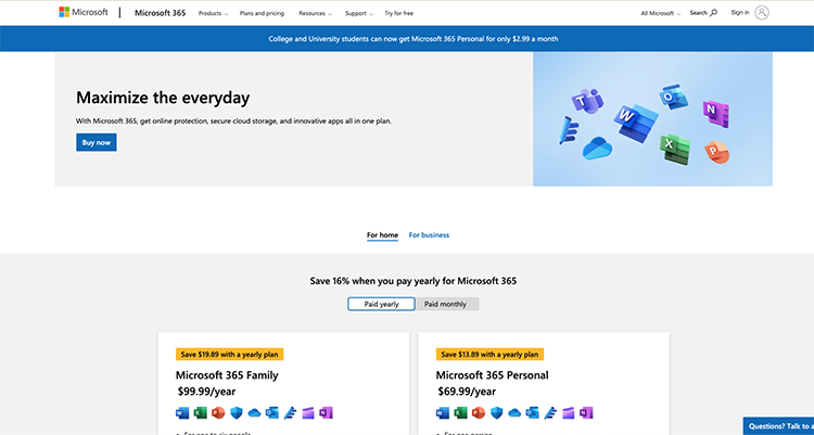 Screenshot of a Microsoft 365 promotional webpage. The page offers options to "Buy now" and includes pricing for Microsoft 365 Family and Personal plans, with savings for yearly subscriptions.