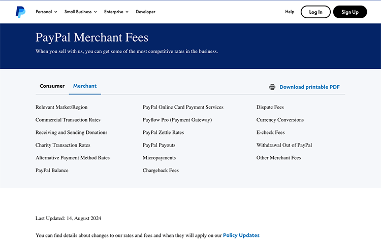 Screenshot of the PayPal Merchant Fees webpage showing a list of fees categories for consumers and merchants, a link to download a printable PDF, and the update date of August 14, 2024.