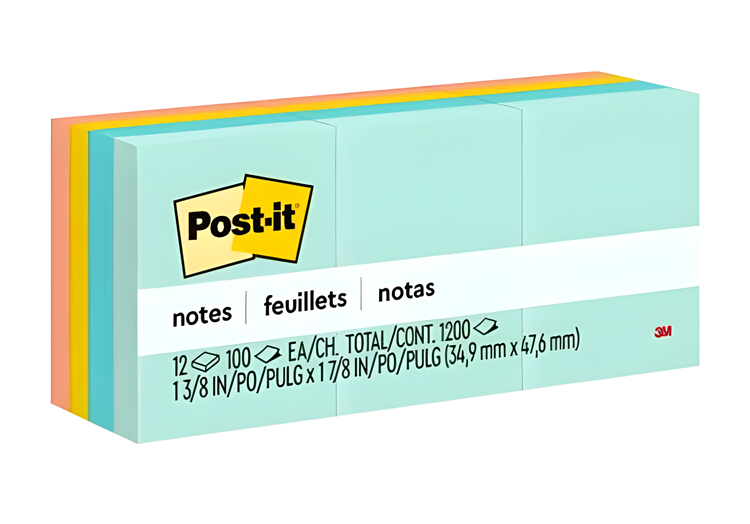 A package of Post-it notes in various colors, with labeling in English, French, and Spanish, indicating 100 sheets per pad and dimensions of 1 3/8 in x 1 7/8 in (34.9 mm x 47.6 mm).