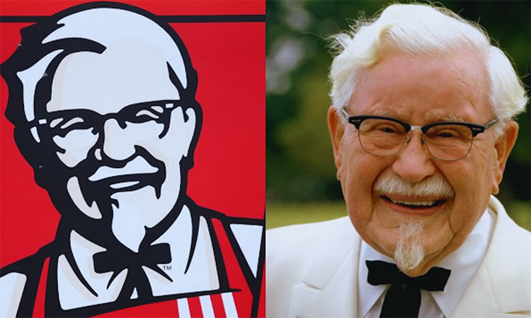 Left: Logo featuring a stylized portrait of a man with glasses and a goatee. Right: Photograph of an elderly man with glasses, white hair, a goatee, wearing a white suit and a black bow tie.