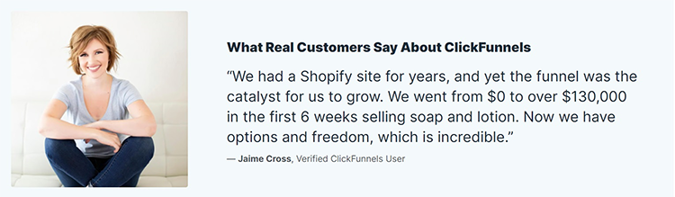 Smiling person sitting, testimonial praising ClickFunnels for business growth, highlighting sales boost from $0 to over $130,000 in six weeks with added options and freedom.