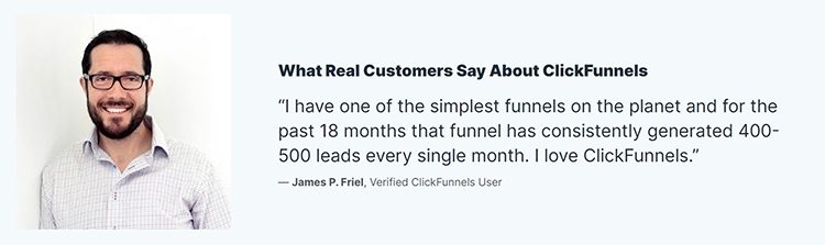 Smiling man next to a testimonial about ClickFunnels, describing lead generation success attributed to using the service.