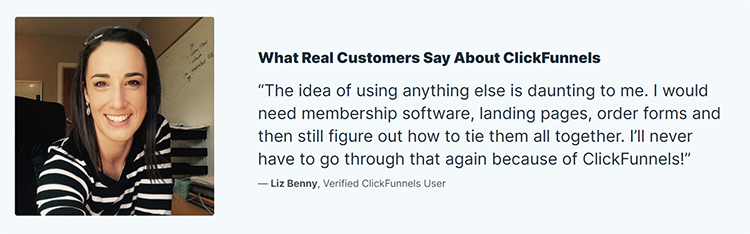 A person smiling next to a testimonial about ClickFunnels, praising its ease of use compared to other tools for membership, landing pages, and order forms.