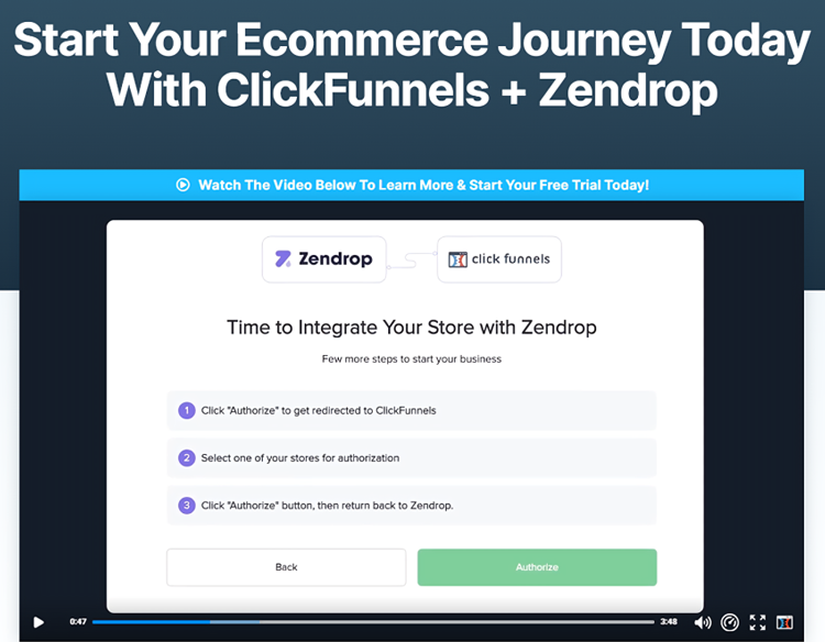 Screenshot of a webpage titled "Start Your Ecommerce Journey Today With ClickFunnels + Zendrop," showing steps to integrate a store with Zendrop using ClickFunnels. A video player is visible at the bottom.